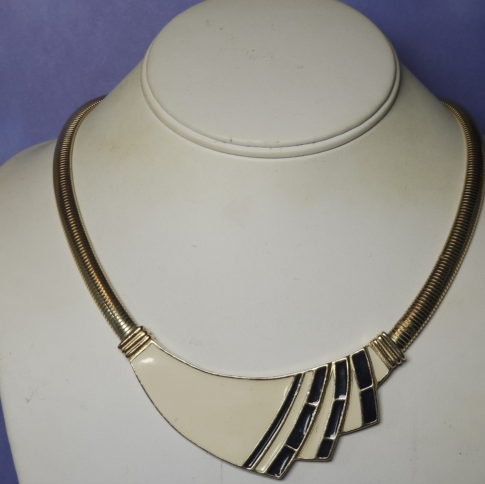 Trifari Cream & Black Enamel Geometric Centerpiece Statment Necklace